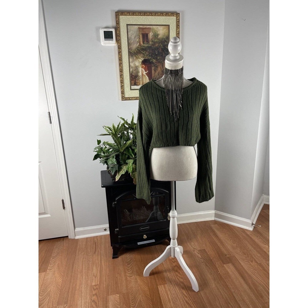 No Comment Women's Green Scoop Neck Bell Sleeve Pollover Knit Sweater Cropped XS